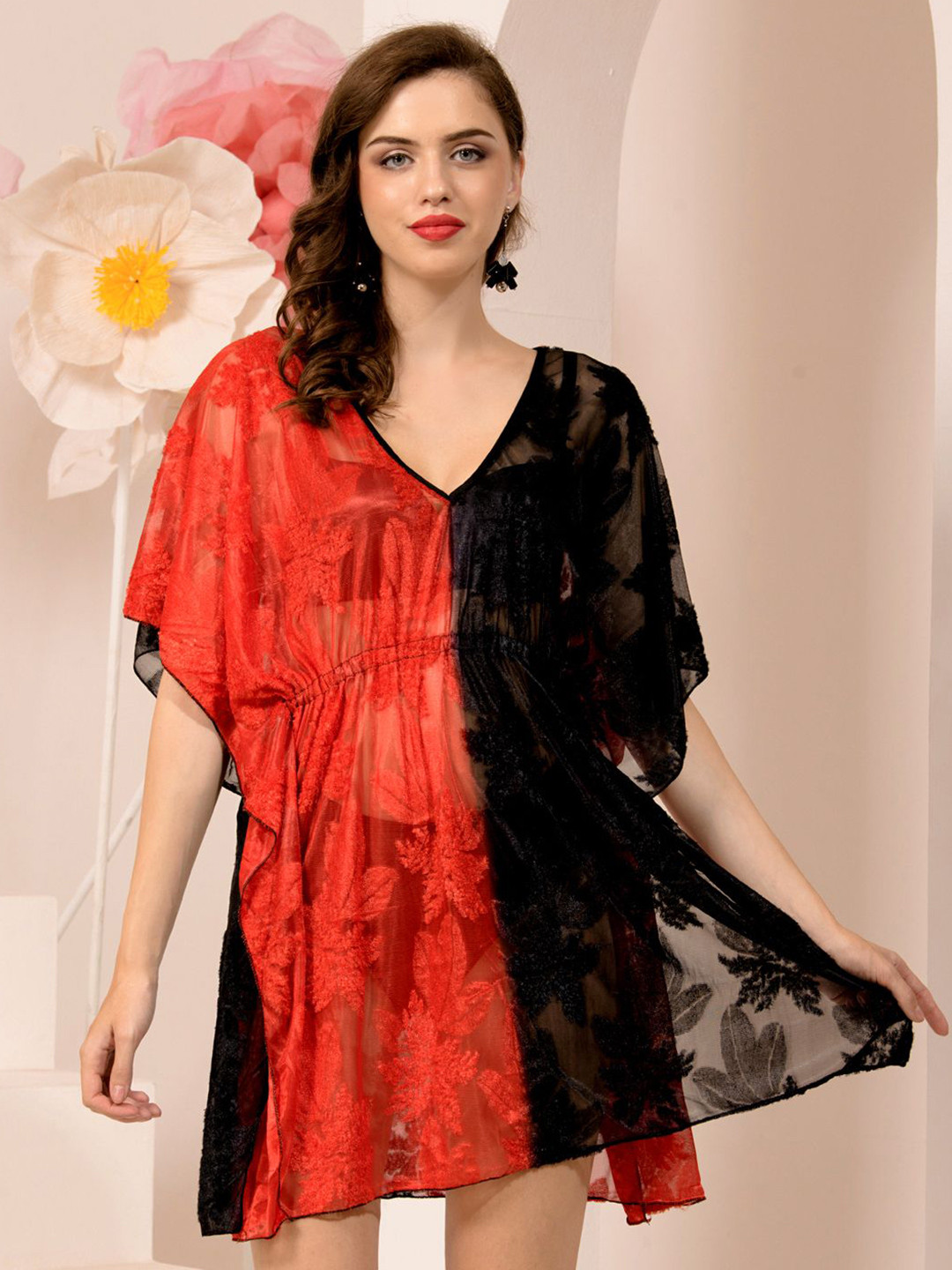 

TANDUL Colourblocked V-Neck Kaftan Dress, Red