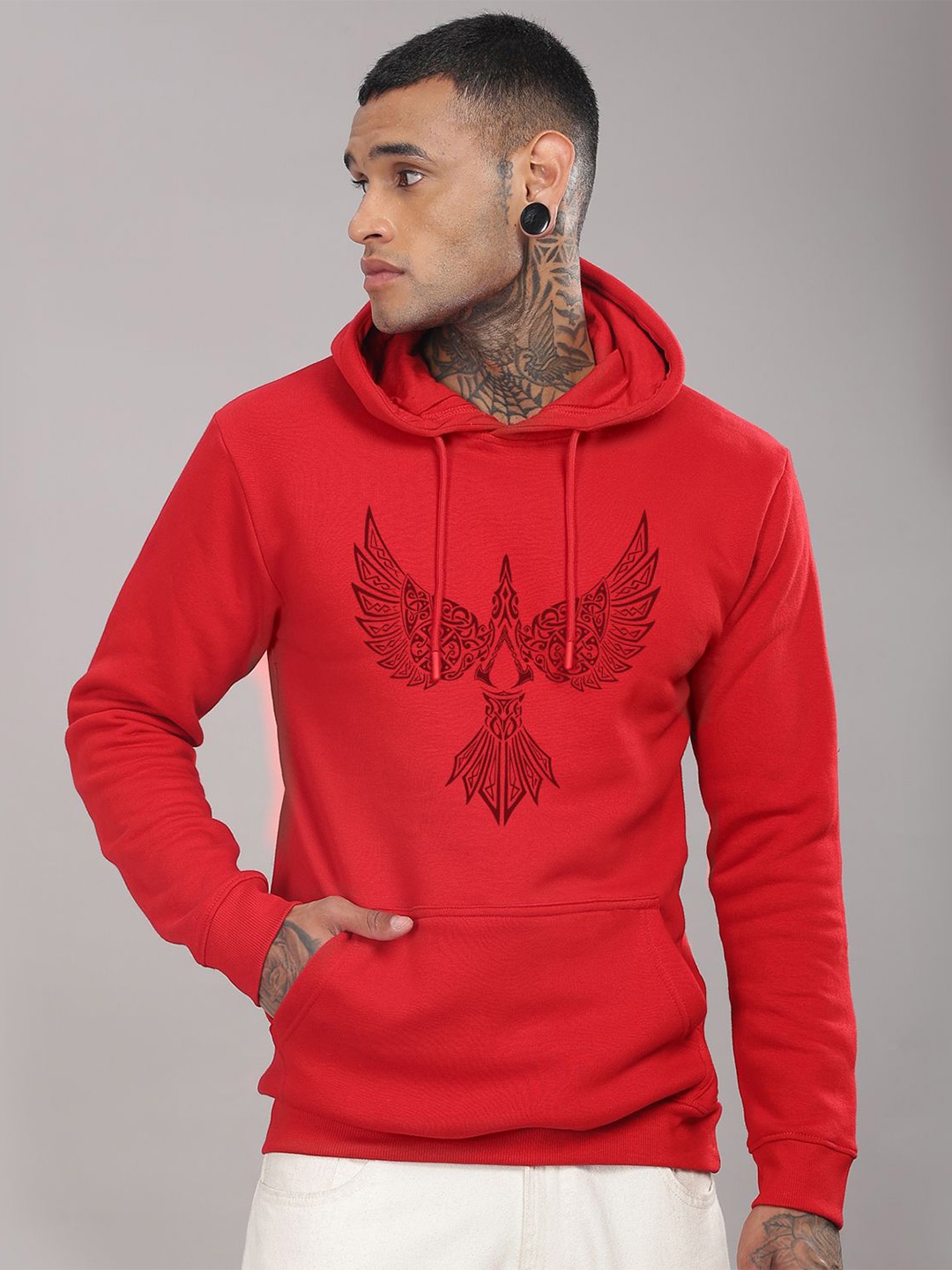 

ADRO Men Cotton Graphic Printed Hooded Long Sleeves Pullover Sweatshirt, Red