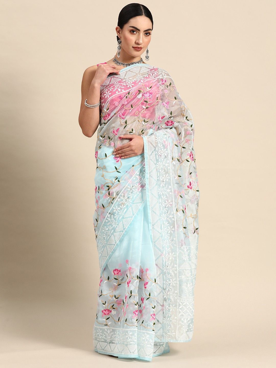 

Anouk Floral Embroidered Organza Saree, Blue