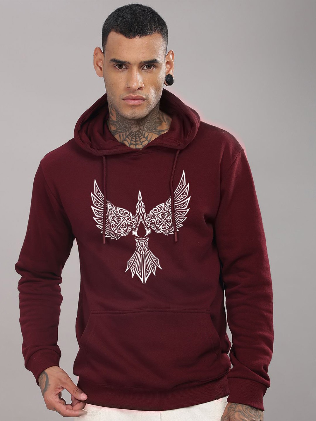 

ADRO Men Printed Cotton Hooded Sweatshirt, Maroon