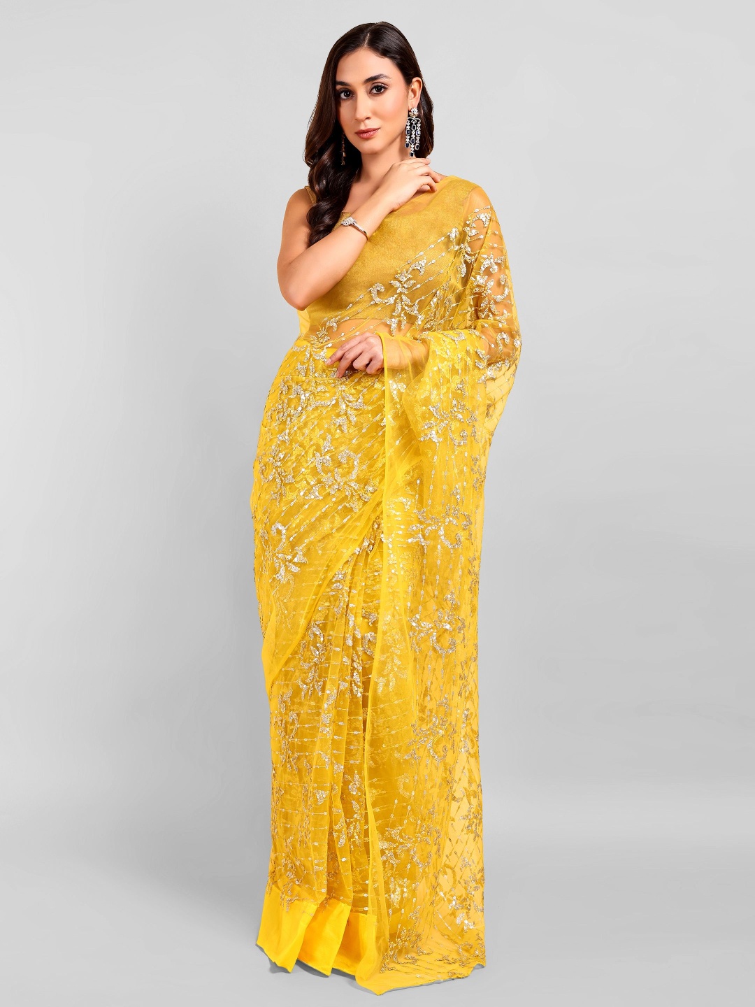 

DOERAA Ethnic Motifs Sequinned Net Saree, Yellow