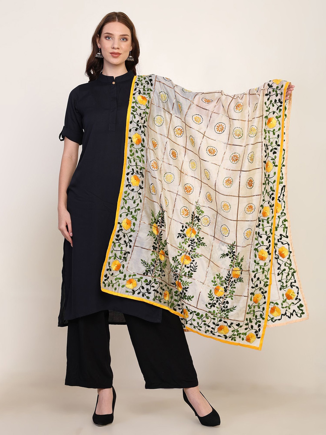 

Tweedle Floral Punjabi Phulkari Embroidered Chanderi Dupatta, Yellow