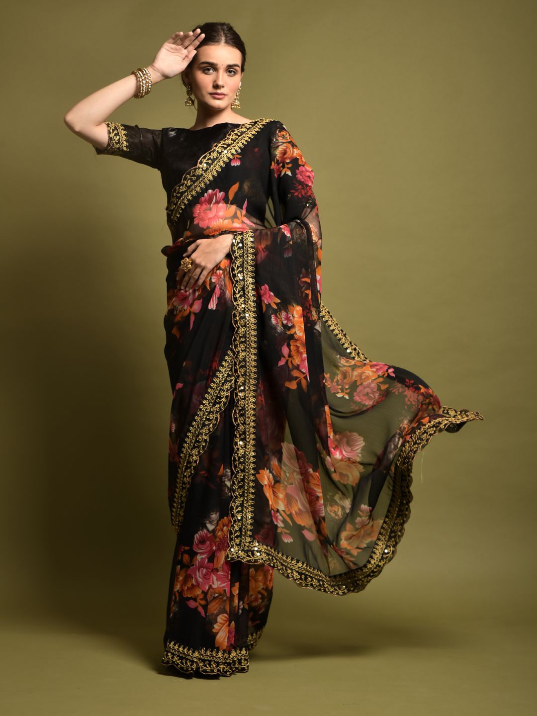 

Krimmple Floral Sequinned Pure Georgette Fusion Saree, Black
