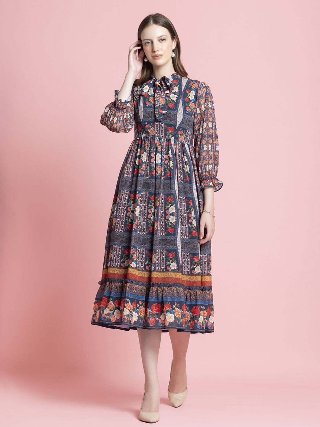 

OCTICS Floral Print Tie-Up Neck Georgette Fit & Flare Women Maxi Dress, Blue