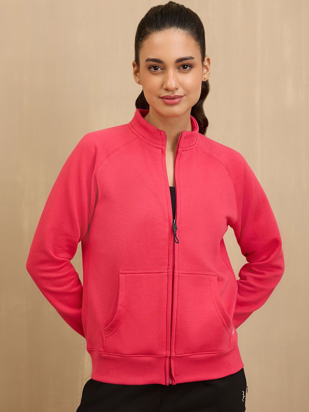 

Nykd Women Mock Collar Cotton Open Front Jacket, Red