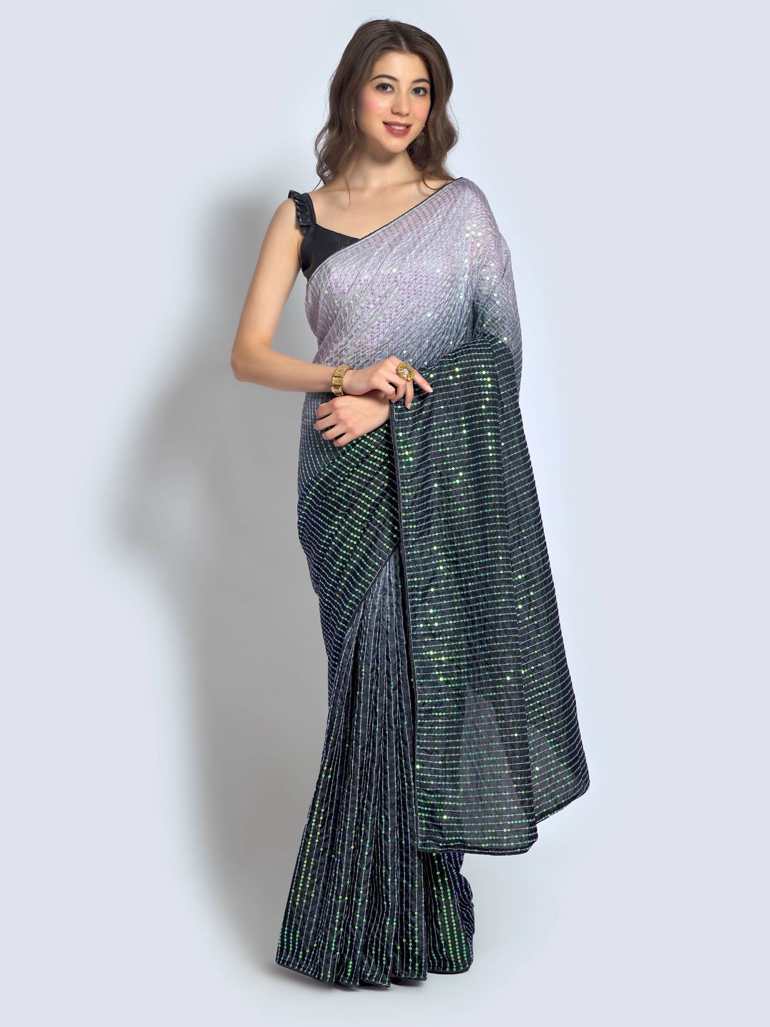 

Krimmple Striped Sequinned Art Silk Saree, Black