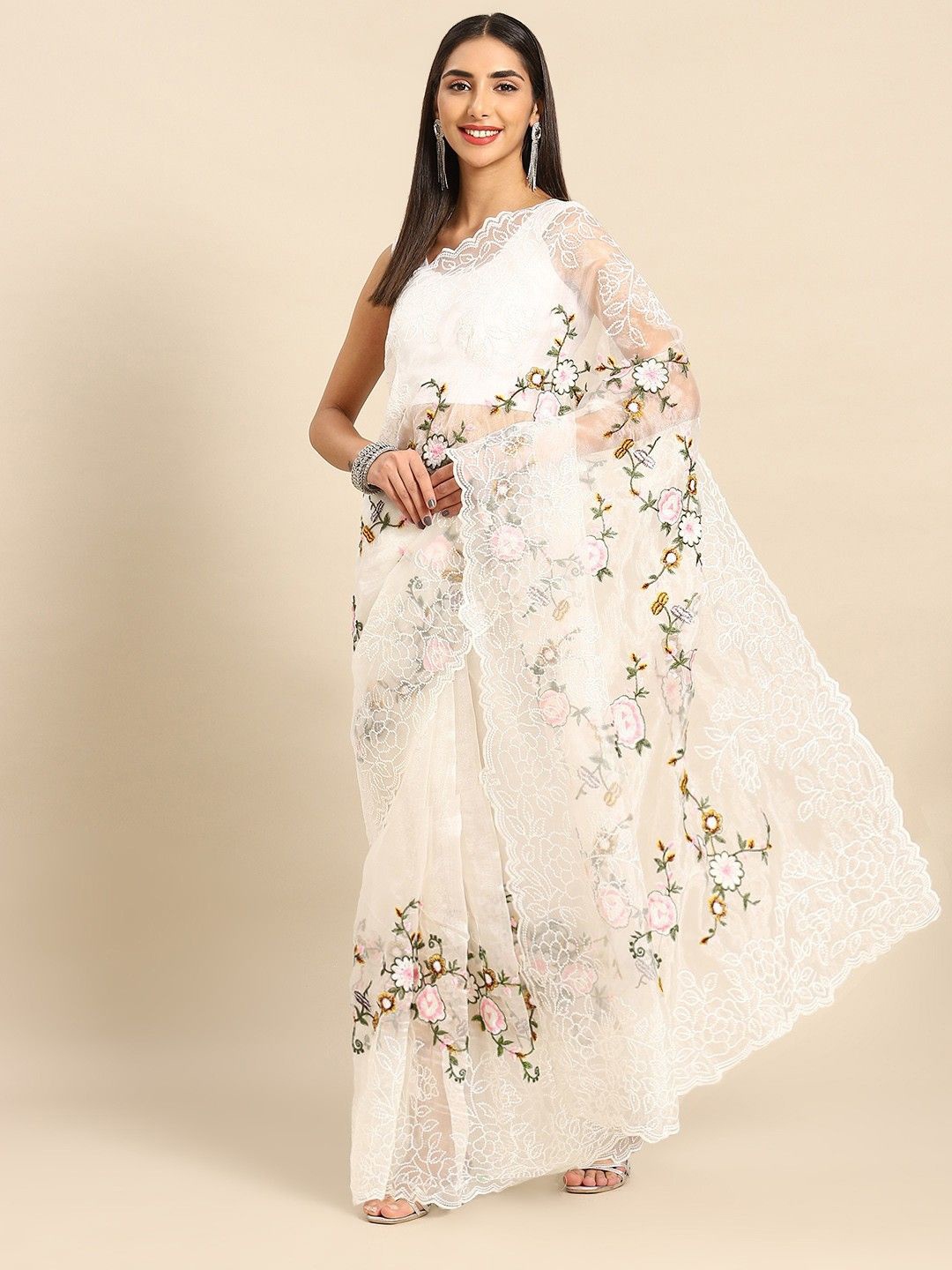 

Anouk Floral Embroidered Organza Saree, White