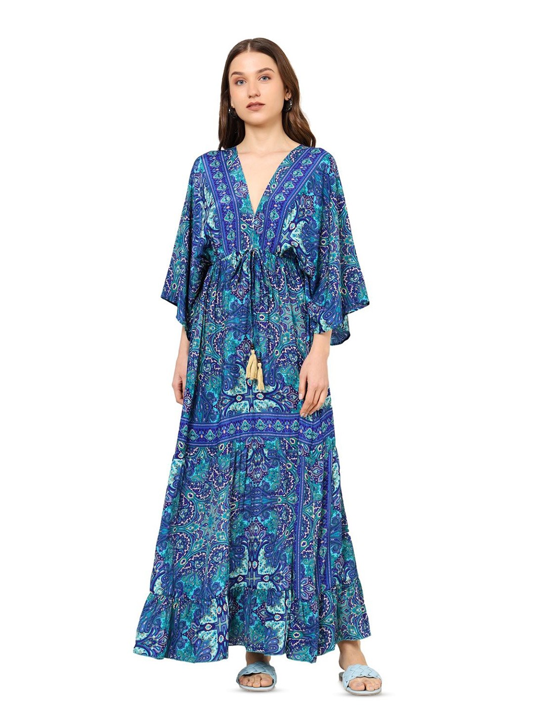 

KALINI Women Floral Printed Flared Sleeve Fit & Flare Maxi Dress, Blue