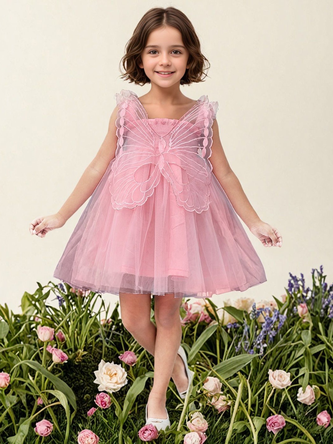 

Toonyport Girls Solid Net Fit & Flare Dress, Pink