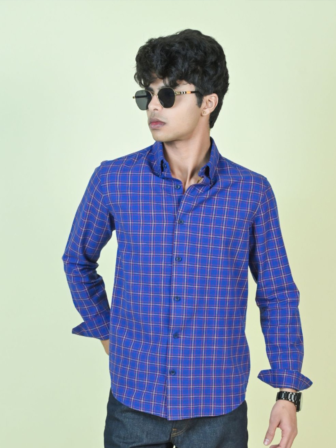 

MARC JOBBS Men Tartan Checked Cotton Casual Shirt, Navy blue