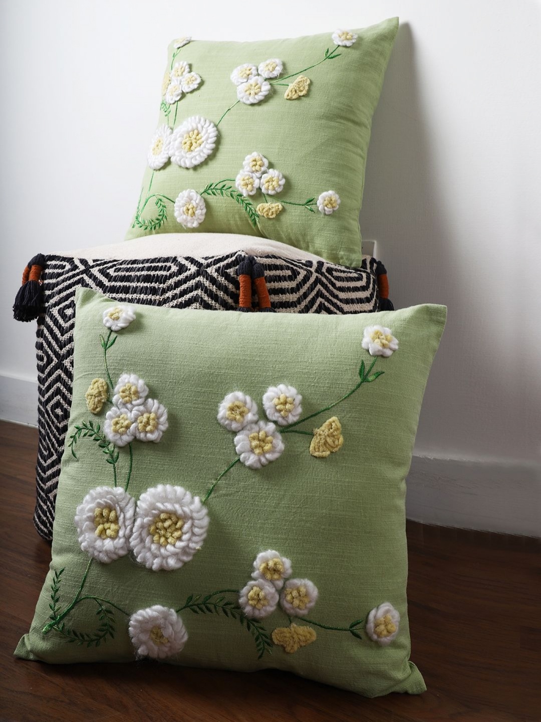 

Jamio Firati Green & White 2 Pieces Embroidered Cotton Square Cushion Covers