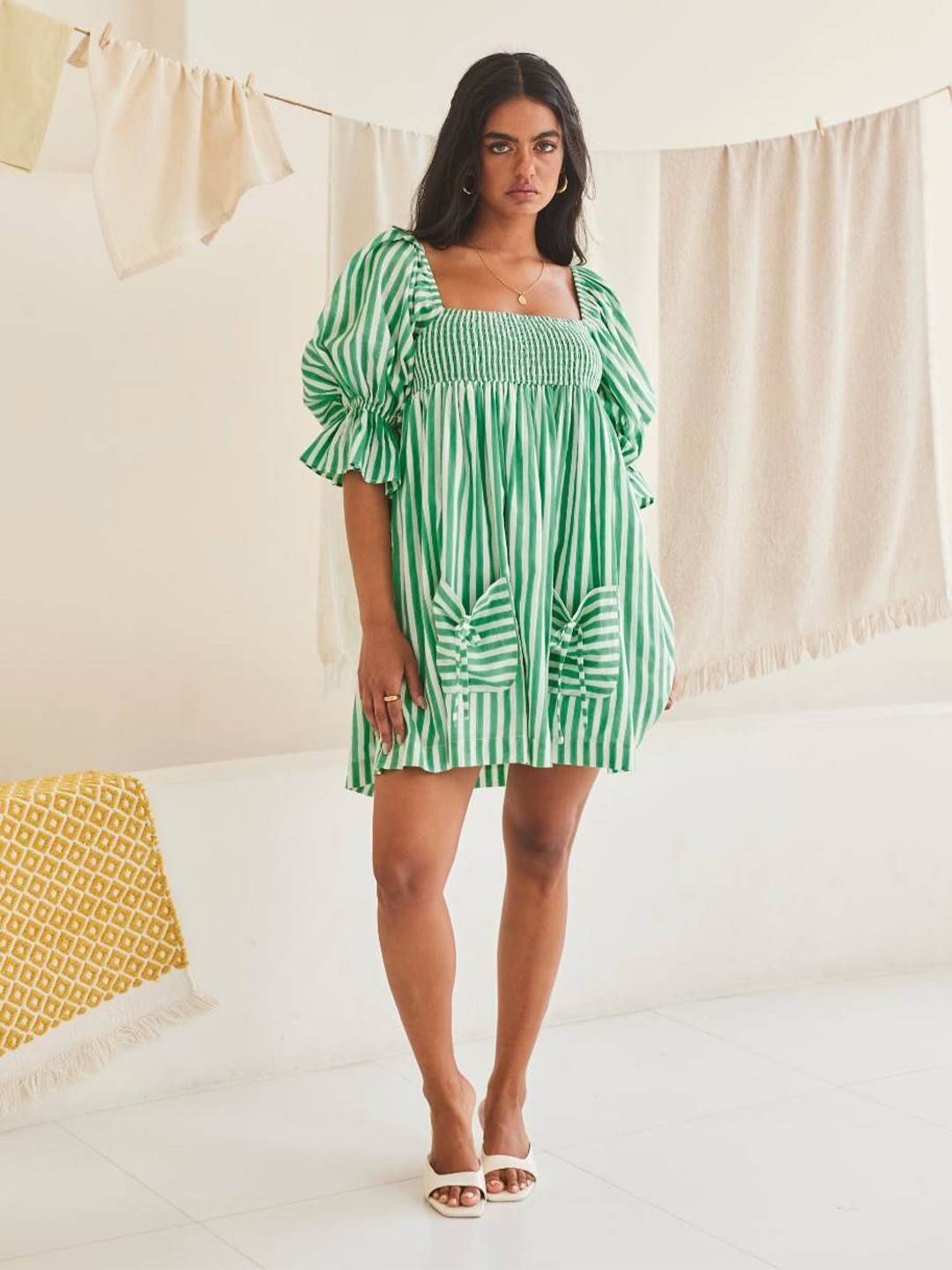 

Urban Suburban Women Striped Puff Sleeve Fit & Flare Dress, Green