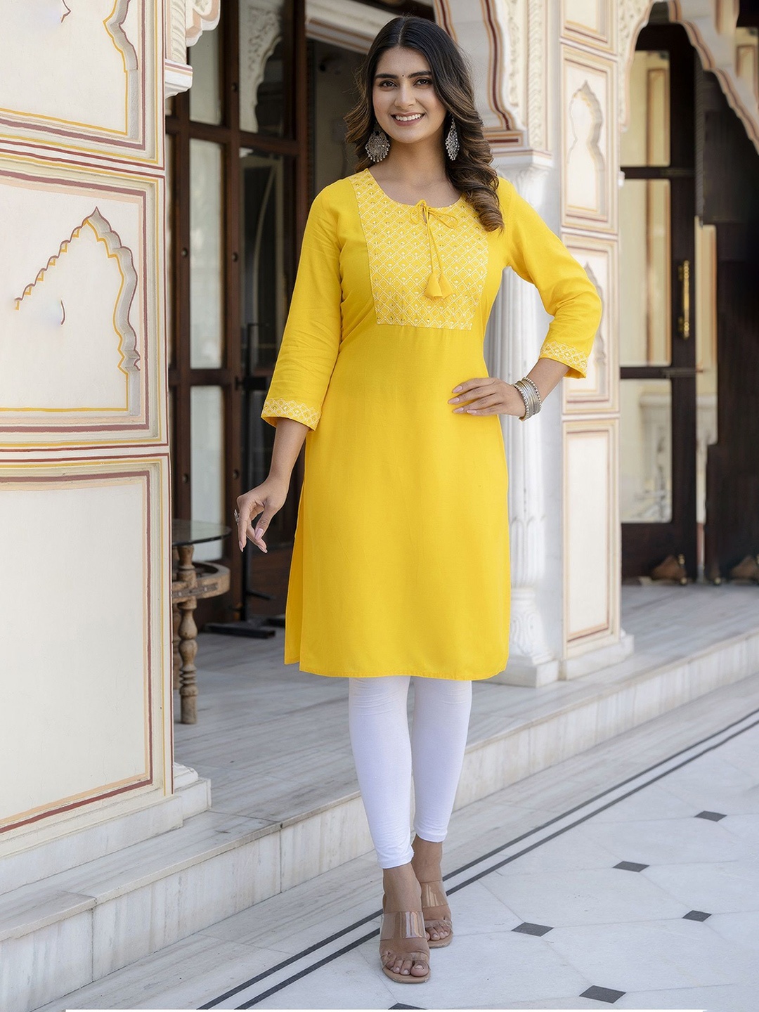 

MF Hayat Yoke Design Embroidered Straight Kurtas, Yellow