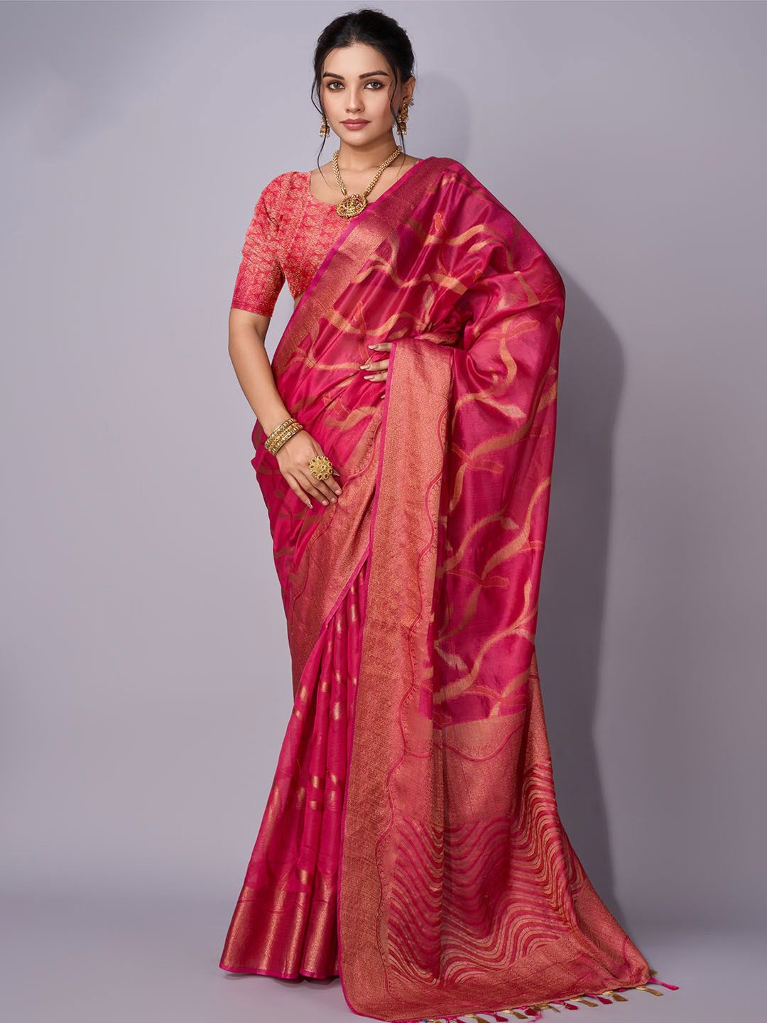 

Meena Bazaar Woven Design Zari Saree, Pink