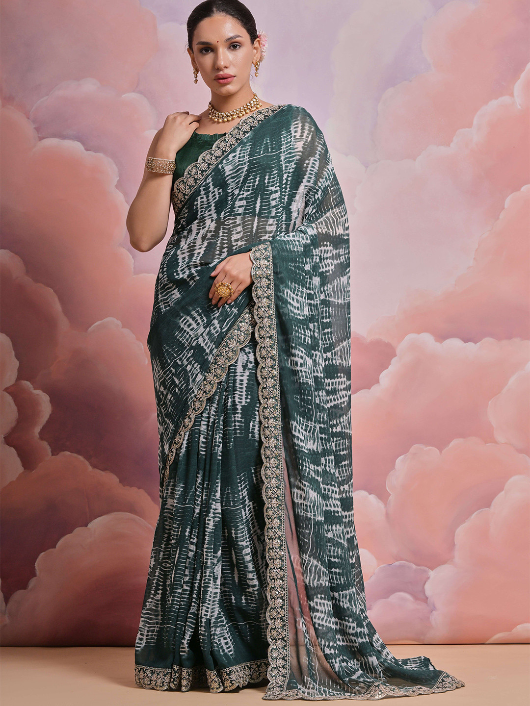 

Krimmple Tie and Dye Embroidered Pure Georgette Saree, Blue