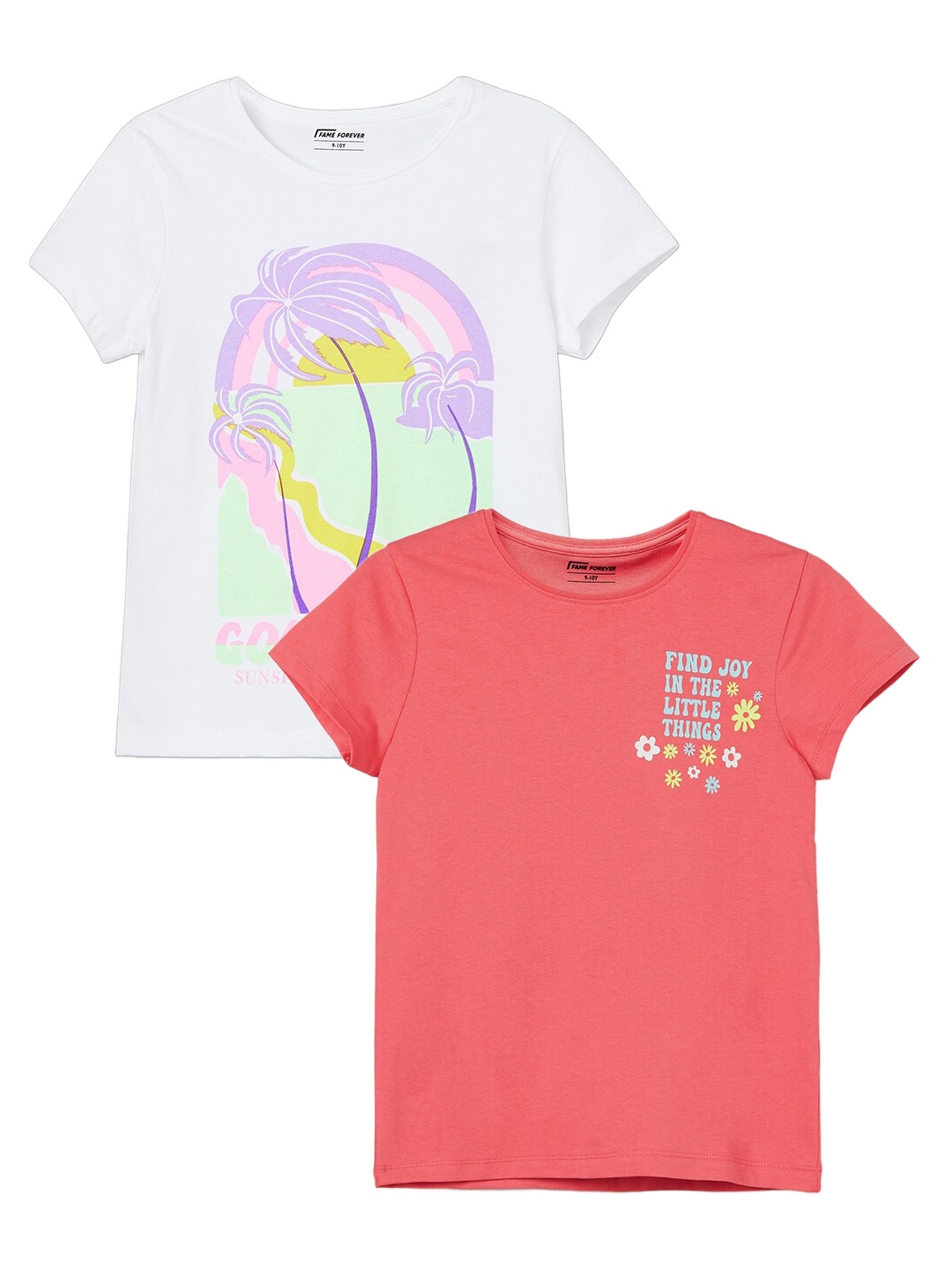 

Fame Forever by Lifestyle Girls Pack Of 2 Typography Printed Pure Cotton T-shirts, Coral