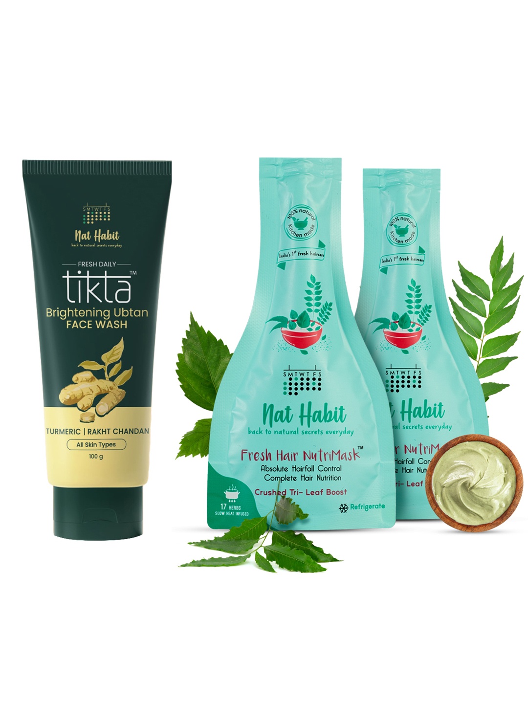 

Nat Habit Set of Tikta Face Wash - 100 g & 2 Fresh Hair NutriMask - 40 g each, Turquoise blue