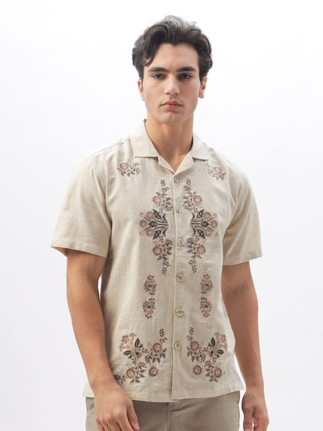 

HAMPTONS Cotton Linen Floral Embroidered Half Sleeve Shirt, Cream