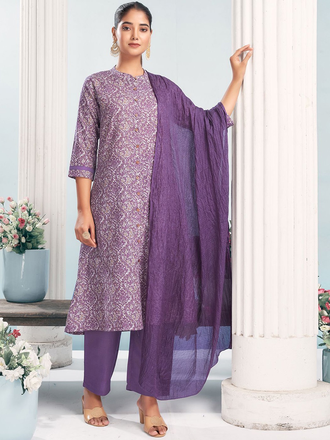

KALINI Floral Printed Band Collar A-Line Kurta With Trousers & Dupatta, Purple