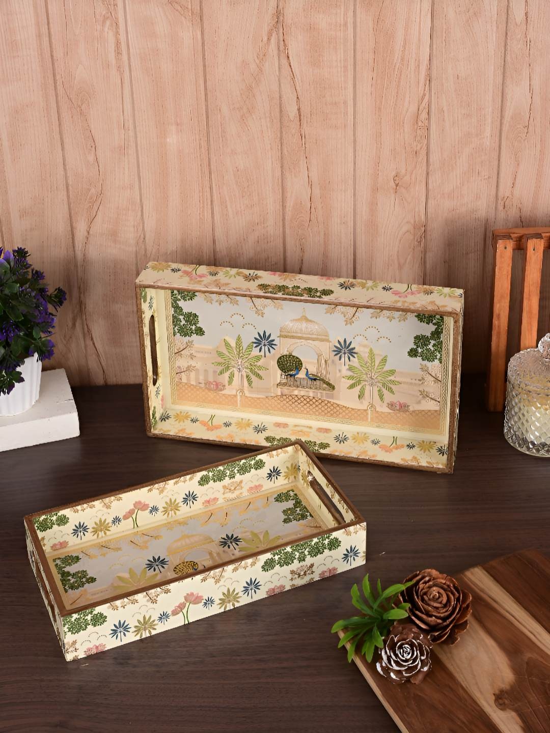 

HomeShastra Beige 2 Pieces Ethnic Motifs Royal Peacock Printed Wood Serving Tray
