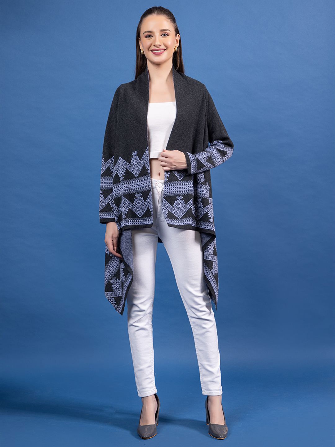 

Anouk Charcoal Printed Open Front Shrug