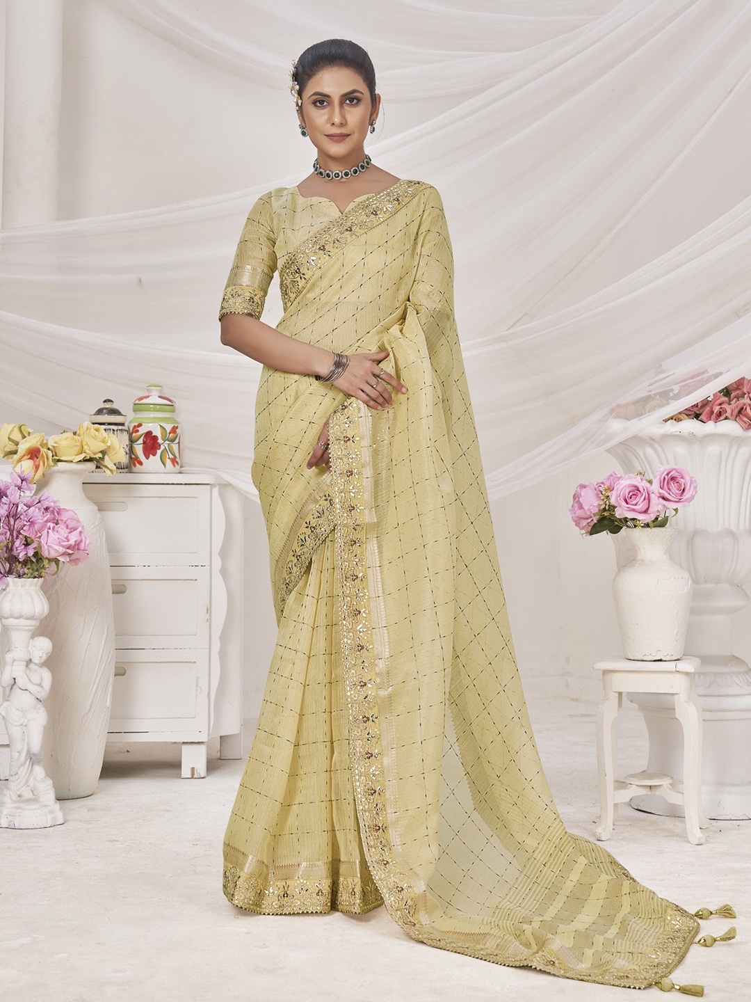 

Panzora Women Embellished Embroidered Designer Banarasi Saree, Yellow