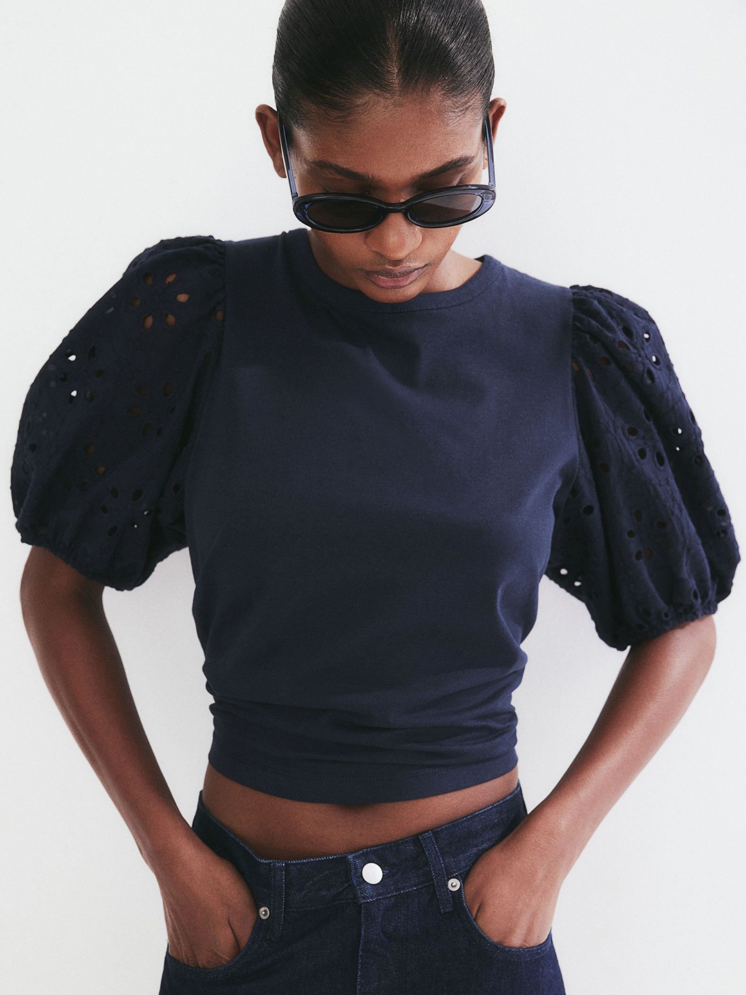 

H&M Broderie-Anglaise-Sleeve Tops, Blue