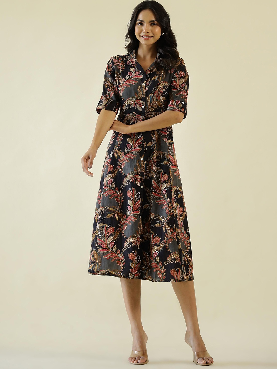 

FLAVIA CREATION Women Floral Print A-Line Midi Dress, Black