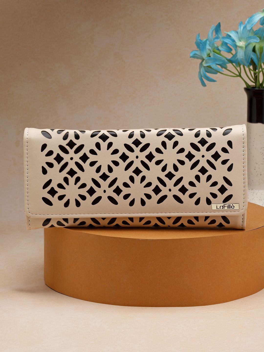 

LaFille Printed Cut Work Detail Two Fold Wallet, Cream