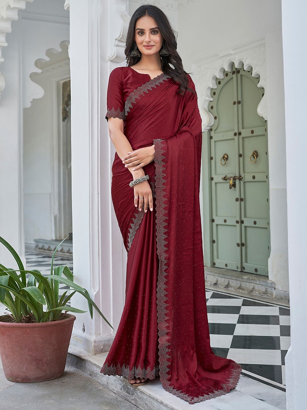 

Mitera Embellished Beads and Stones Satin Saree, Maroon