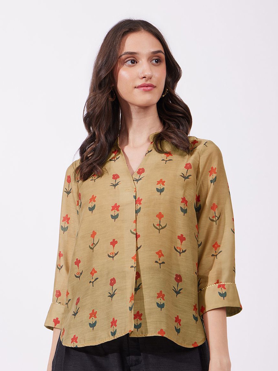 

FableStreet Women Floral Printed Mandarin Collar Top, Mustard