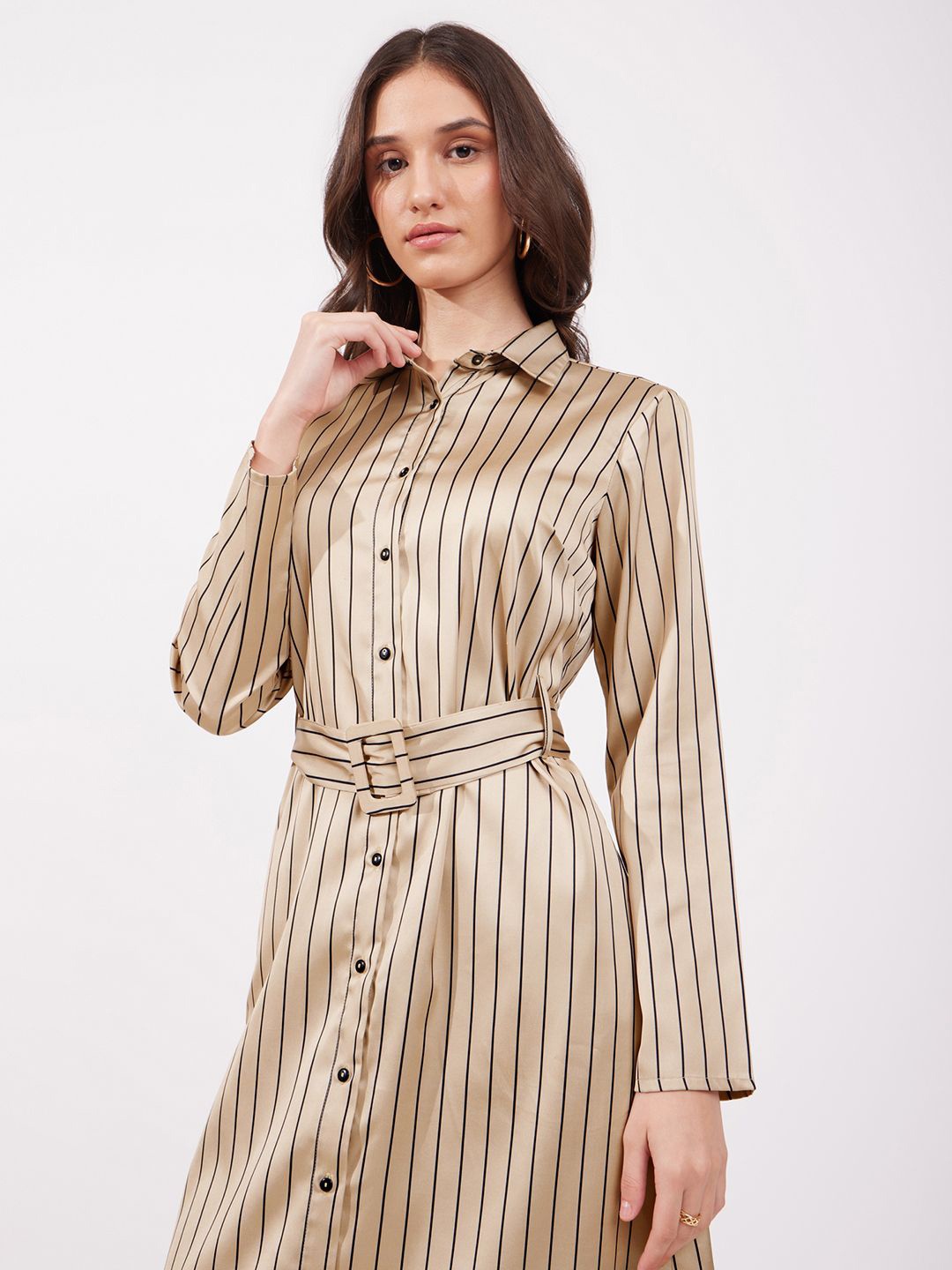 

FableStreet Shirt Collar Striped Printed Formal Shirt Midi Dress, Beige