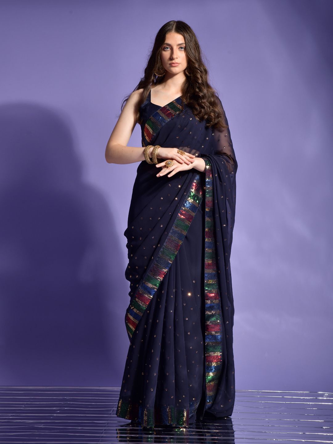 

Krimmple Floral Embroidered Pure Georgette Saree, Navy blue