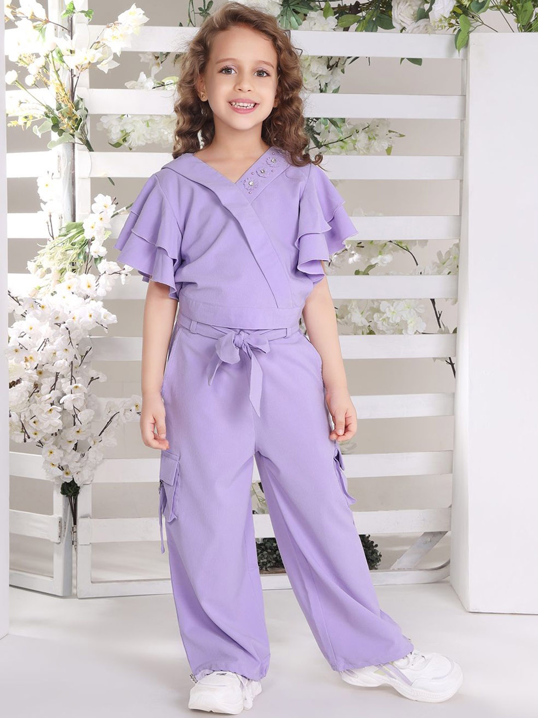 

Ministitch Girls Ruffled Sleeves Top & Trousers Set, Purple