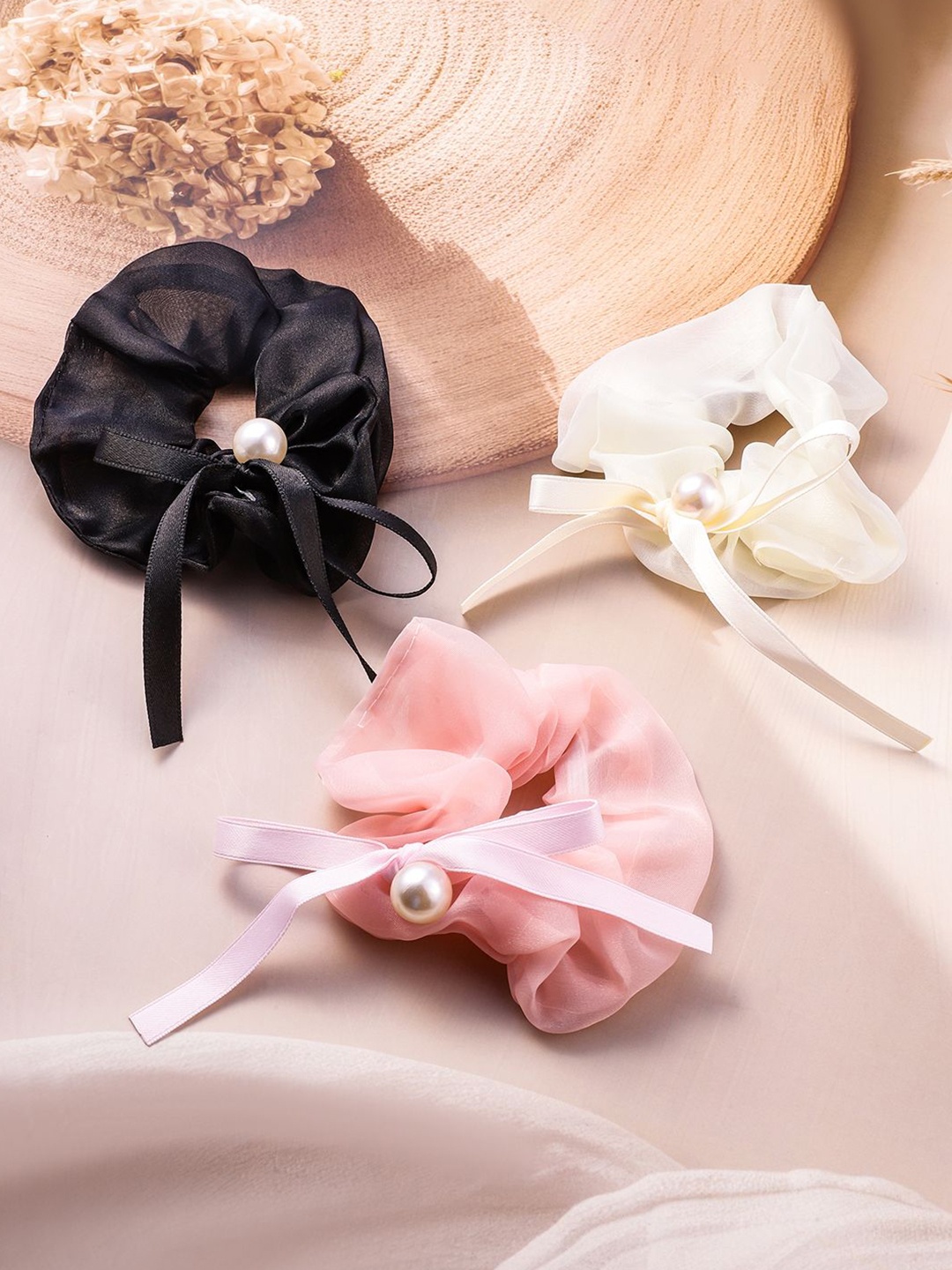 

Rubans Set of 3 Scrunchies Embellished Ponytail Holders, Rose