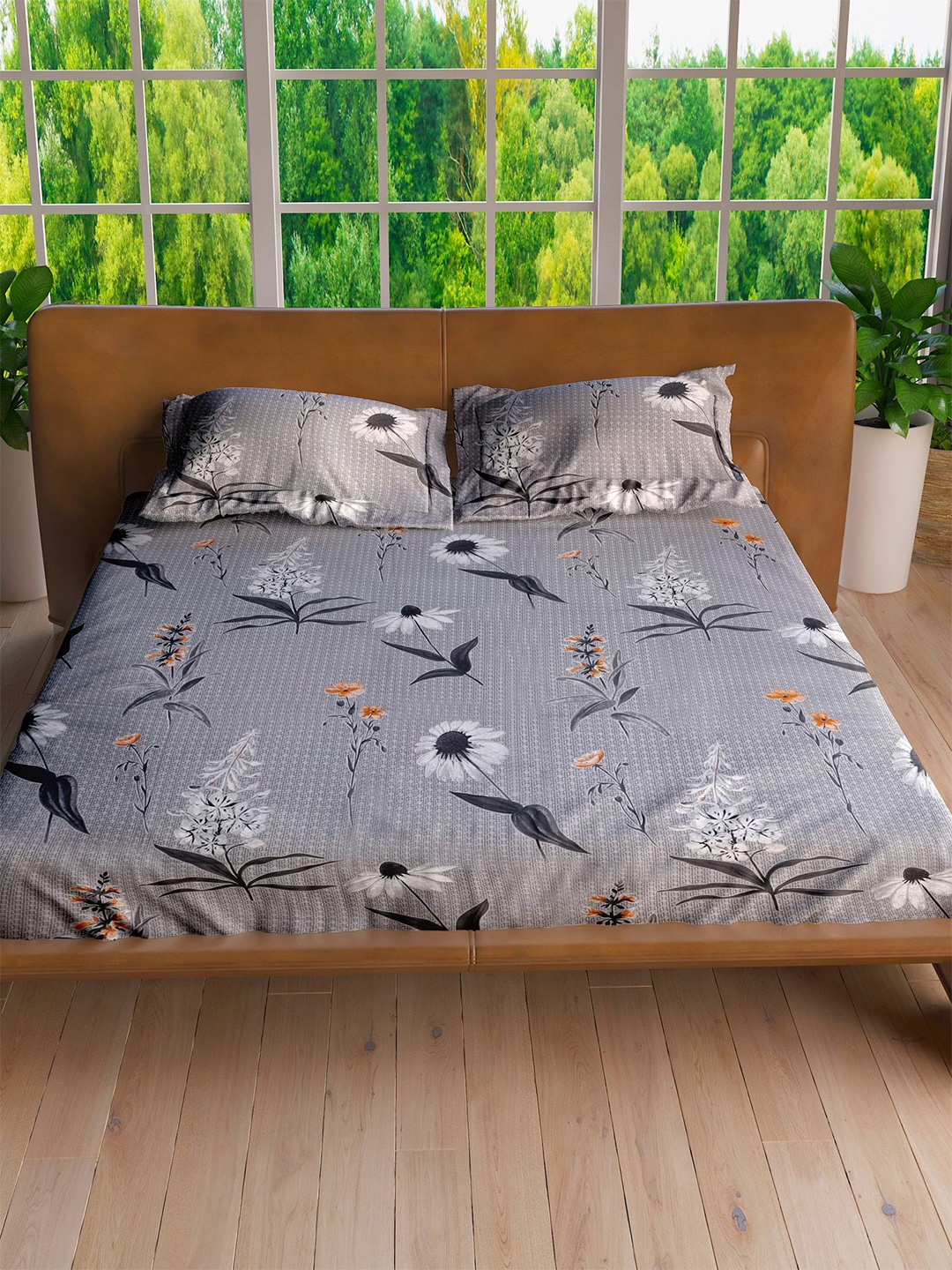 

LABHAM Grey & White Floral Printed 160 TC Pure Cotton King Bedsheet with 2 Pillow Covers