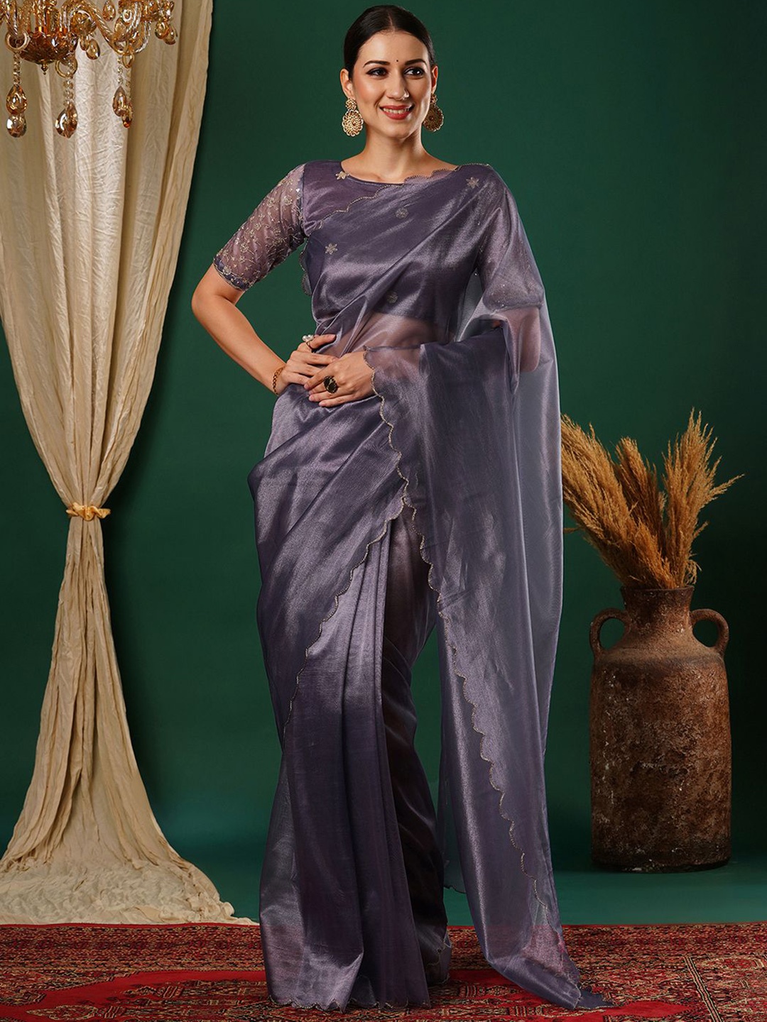 

all about you Solid Embroidered Net Saree, Purple