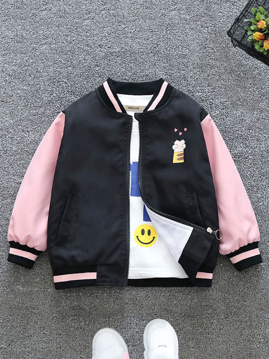 

INCLUD Girls Printed Open Front Jacket, Black