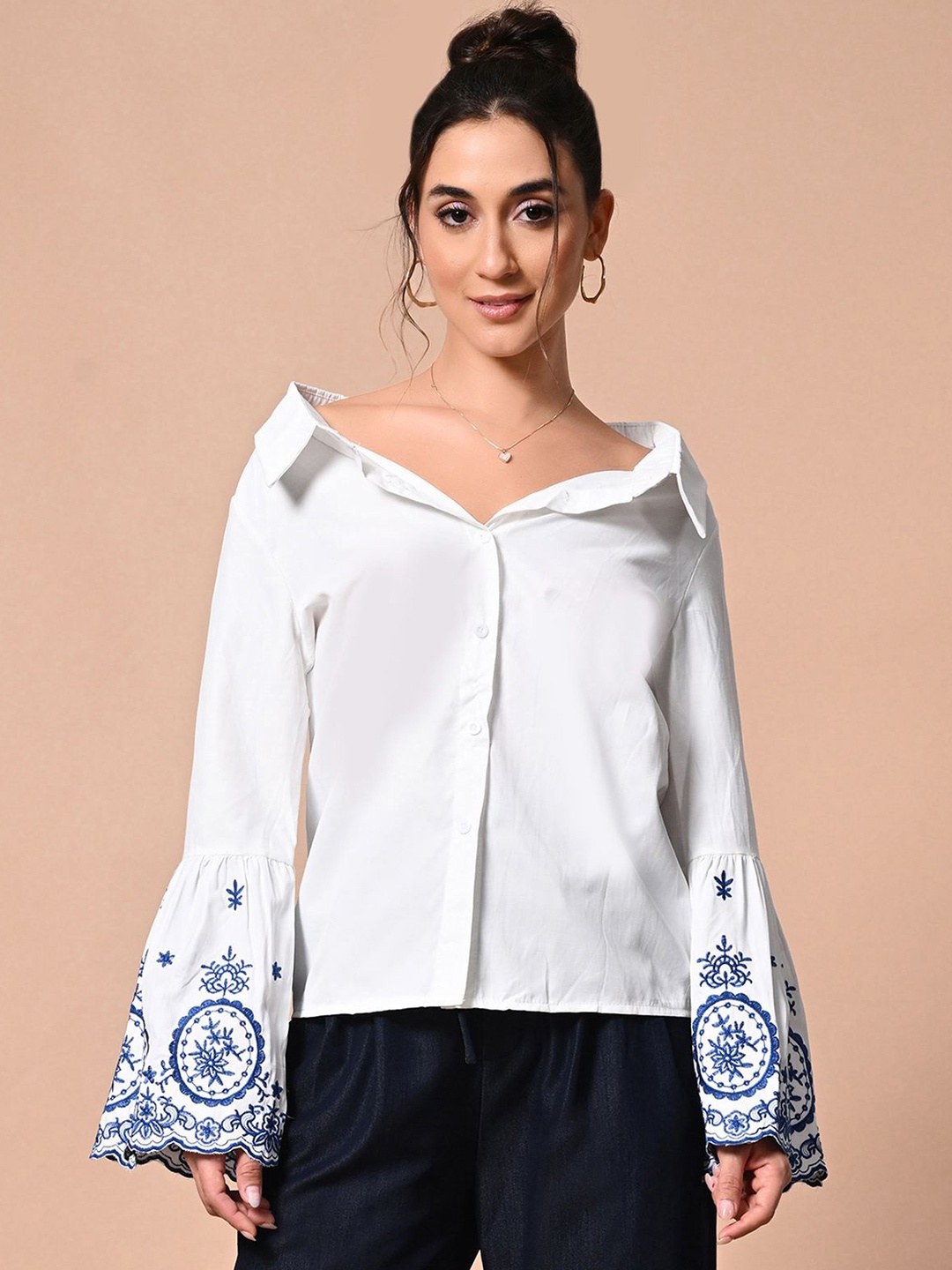 

PANKH Women Solid Shirt Collar Cotton Top, White