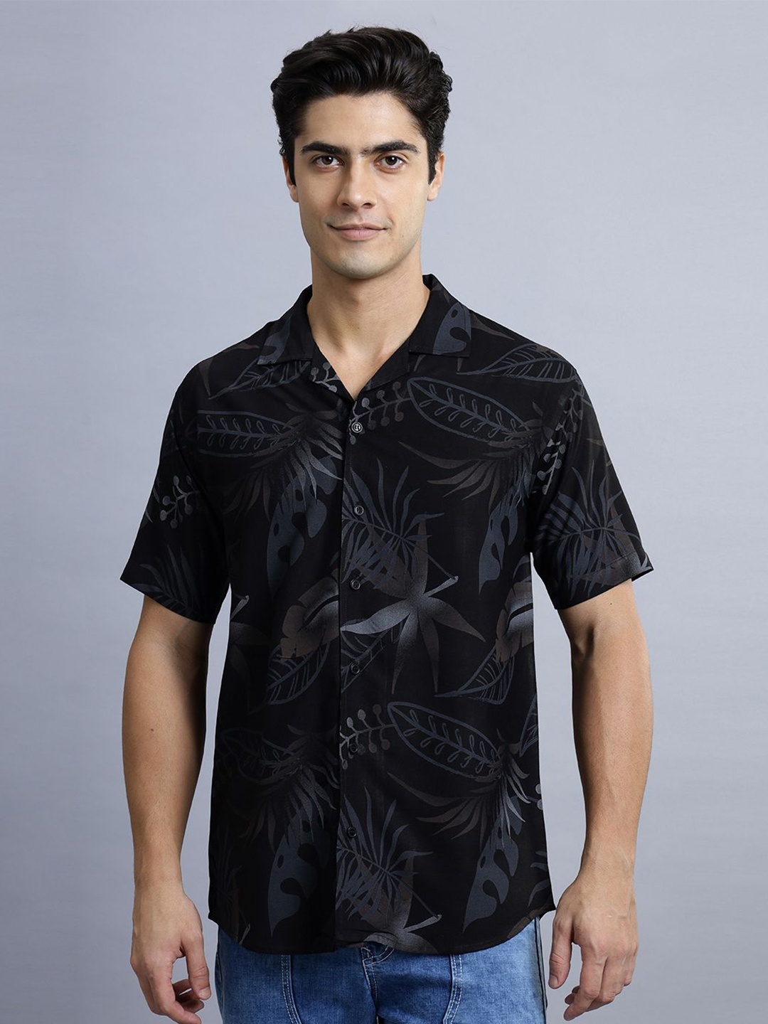 

N AND J Men Classic Spread Collar Abstract Printed Cotton Casual Shirt, Black