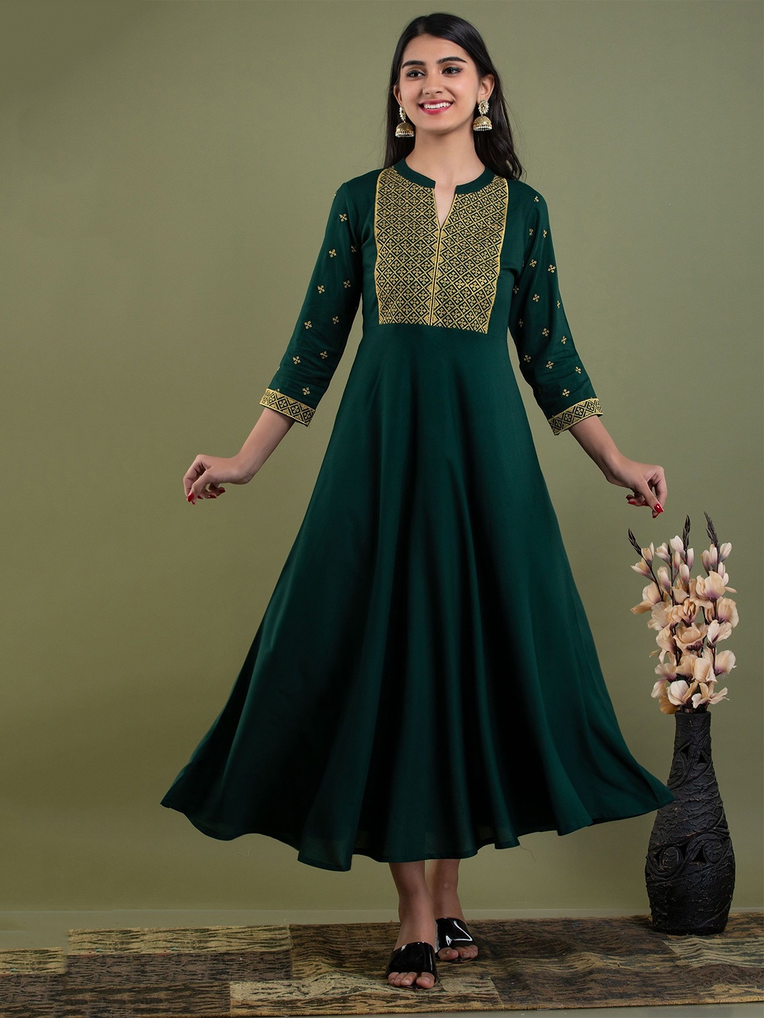 

MF Hayat Women Embroidered Flared Ethnic Fit and Flare Dress, Green