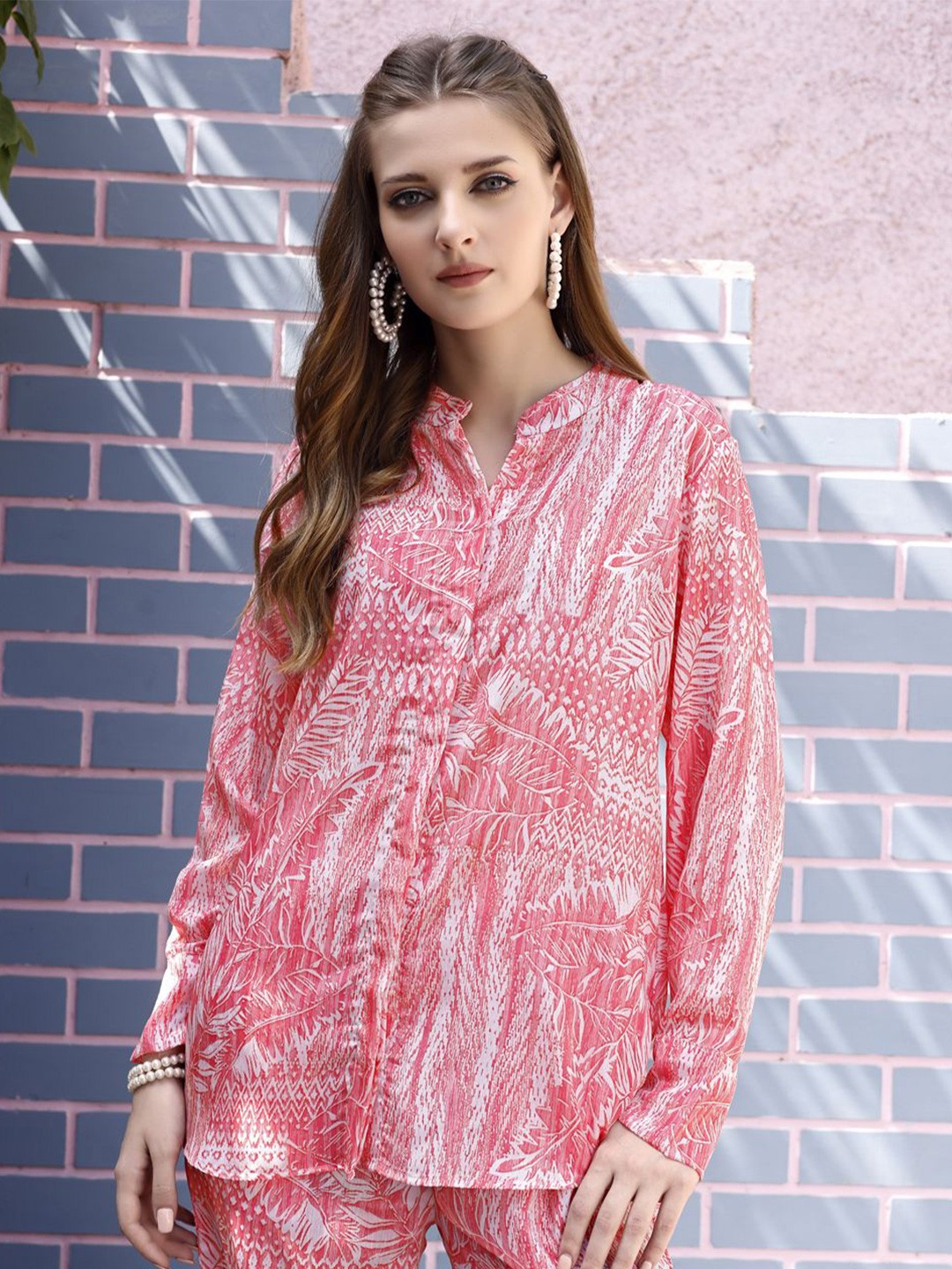 

VenderVilla Women Classic Sheer Printed Casual Shirt, Pink