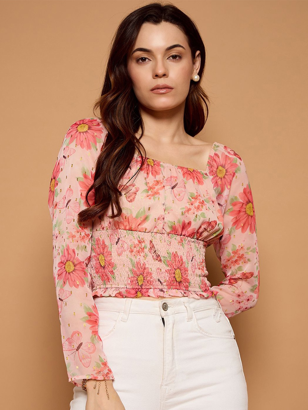 

Kibo Women Floral Printed Square Neck Top, Peach