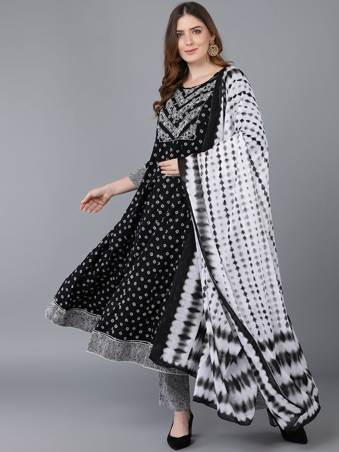 

KALINI Bandhani Embroidered Empire Pure Cotton Anarkali Kurta With Trousers & Dupatta, Black