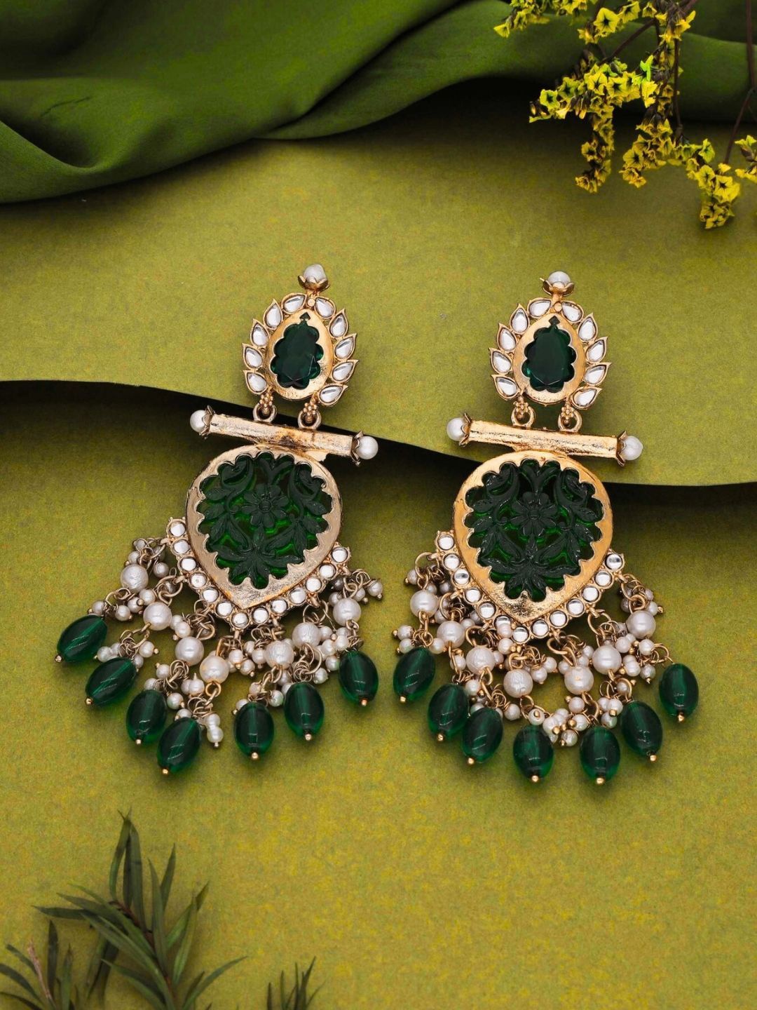 

Anouk Green Gold-Plated Kundan Studded Teardrop Shaped Meenakari Chandbalis