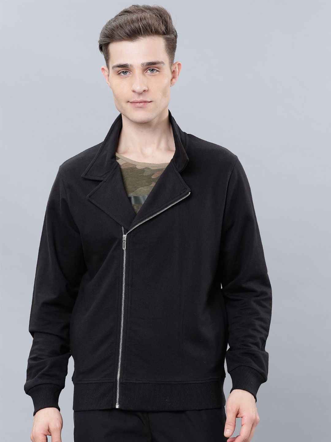 

HIGHLANDER Men Solid Mock Collar Cotton Front-Open Sweatshirt, Black