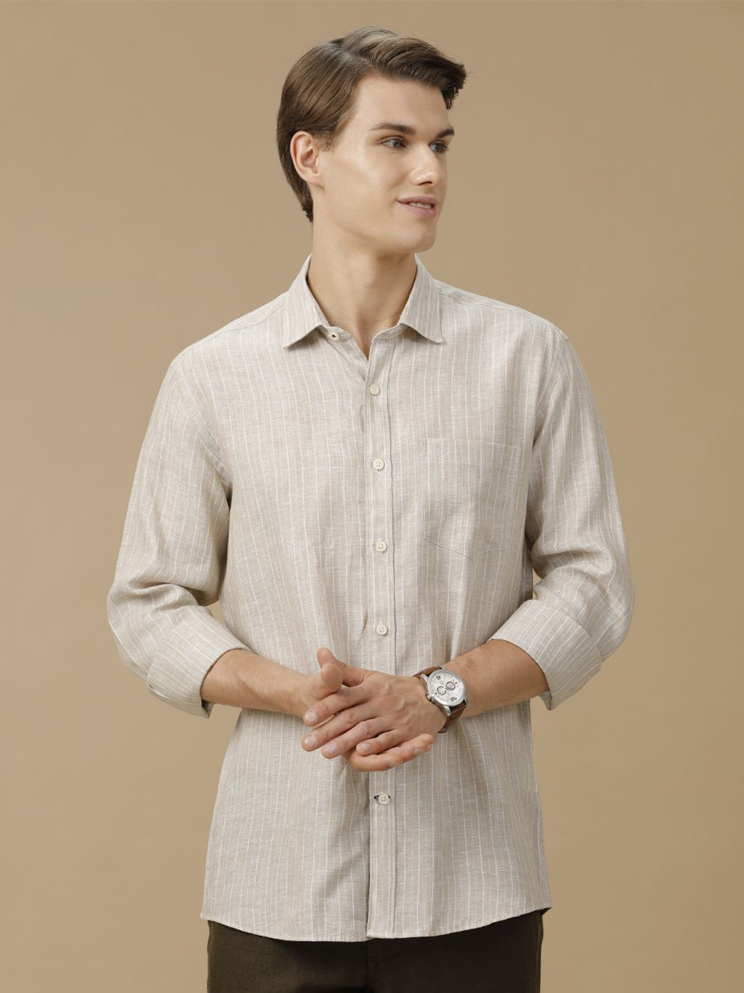 

Linen Club Men Contemporary Slim Fit Pinstripes Striped Casual Shirt, Beige