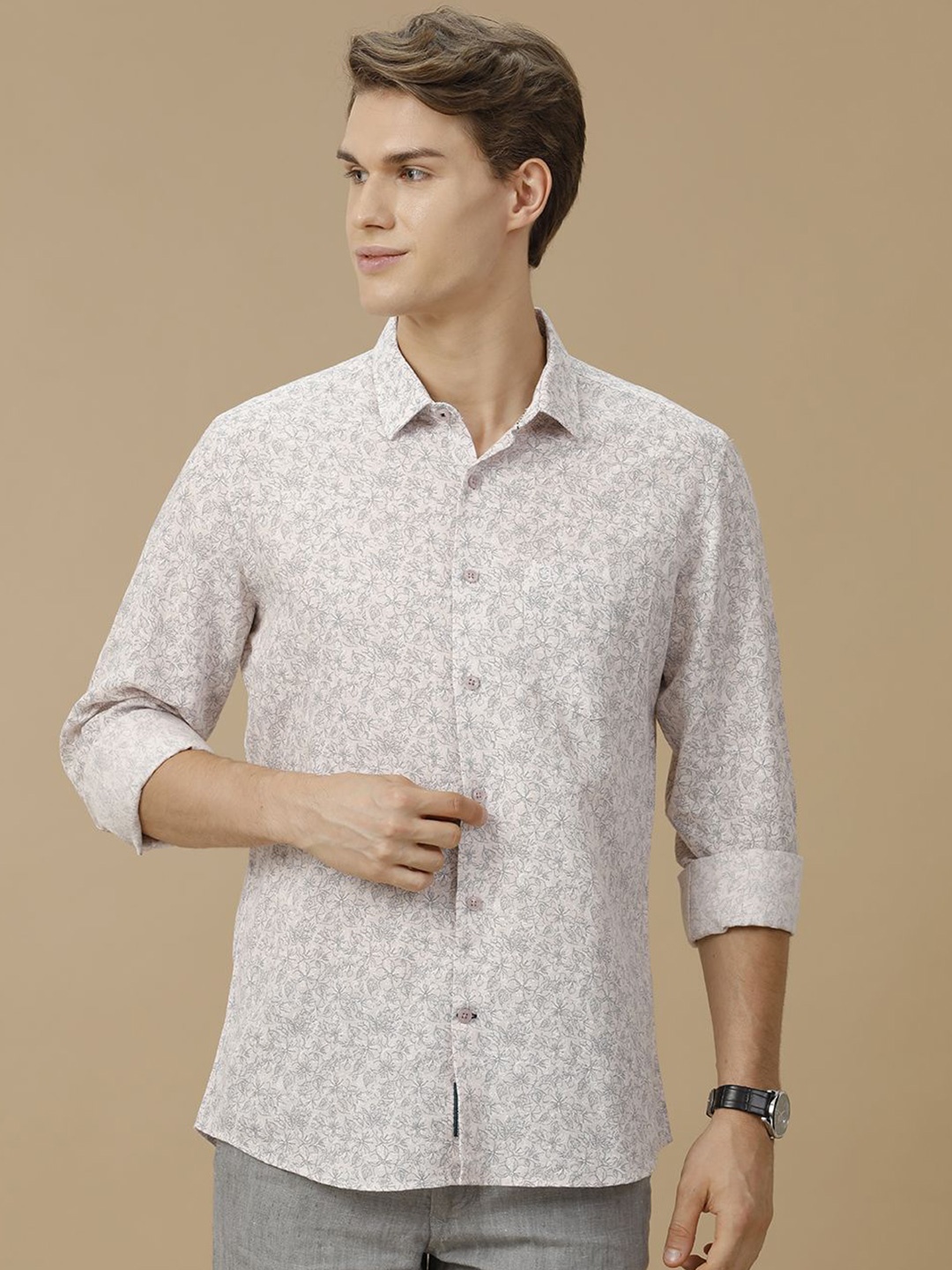 

Linen Club Men Cotton Contemporary Slim Fit Floral Printed Casual Shirt, Pink