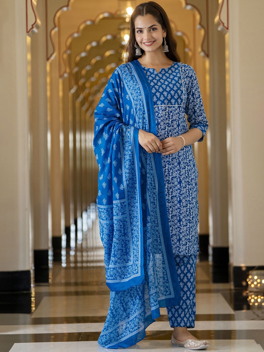 

MAGMINA Floral Printed Gotta Patti Kurta with Trouser & Dupatta, Blue