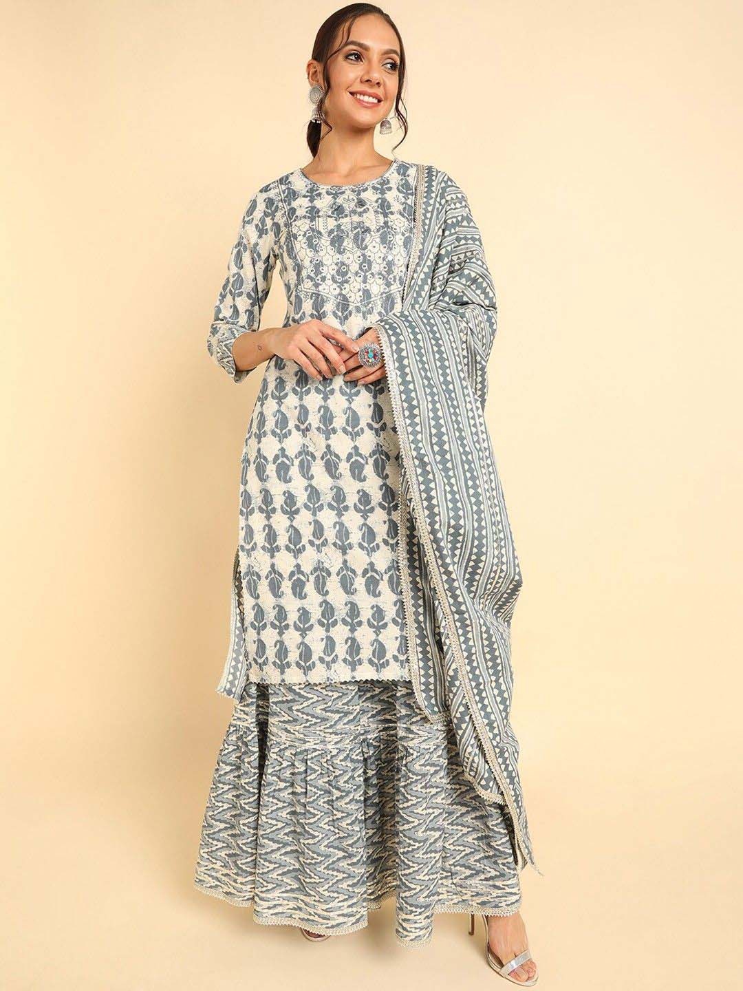 

AHIKA Ethnic Motifs Embroidered Regular Pure Cotton Straight Kurta with Sharara & Dupatta, Off white